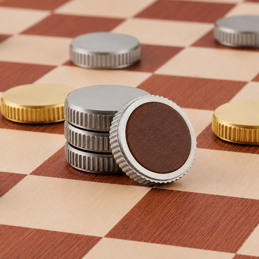 Sapele and Sycamore Draughts Checkers Board - Solid Brass / Leather Pieces