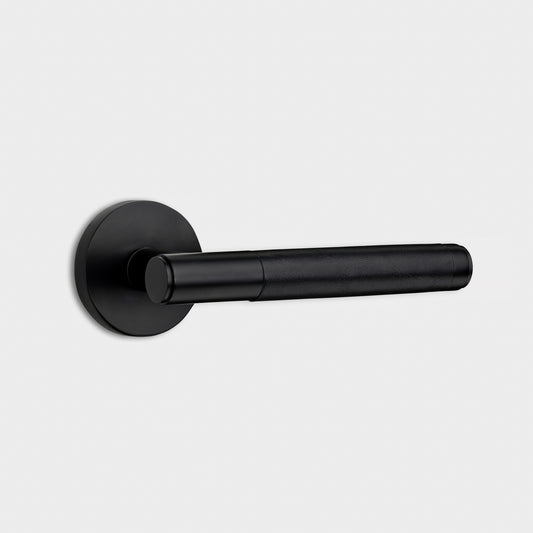 Black Brass Door Lever Handle with Leather in Black