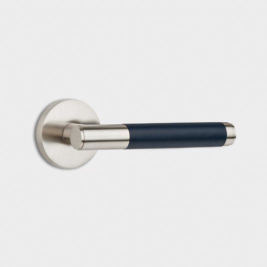 Silver Brass Door Lever Handle with Leather in Blue