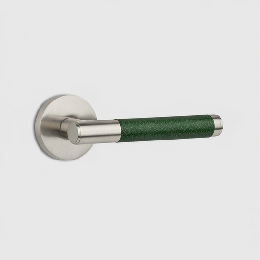 Silver Brass Door Lever Handle with Leather in Green