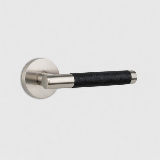 Silver Brass Door Lever Handle with Leather in Black