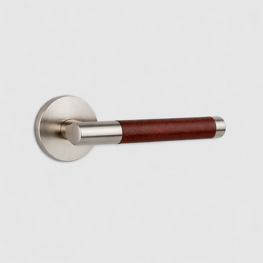 Silver Brass Door Lever Handle with Leather in Brown