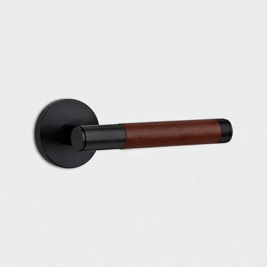 Black Brass Door Lever Handle with Leather in Brown