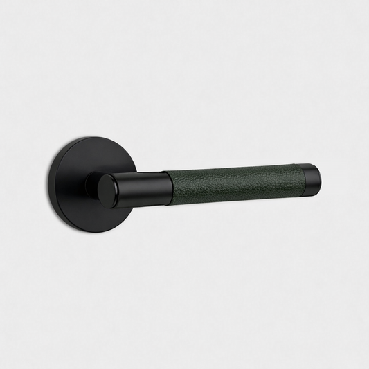 Black Brass Door Lever Handle with Leather in Green