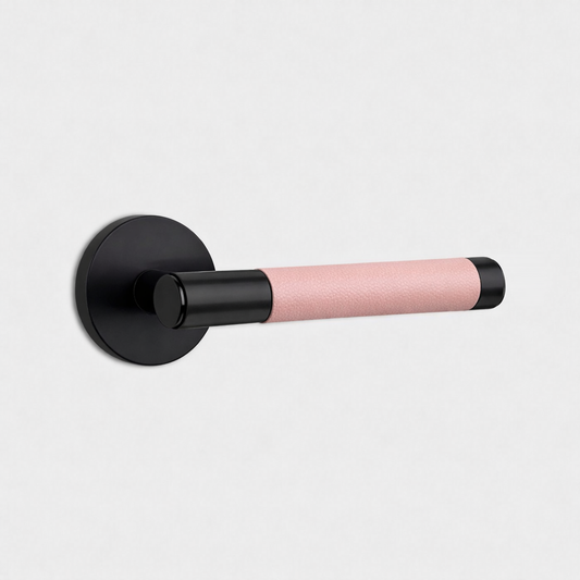 Black Brass Door Lever Handle with Leather in Pink