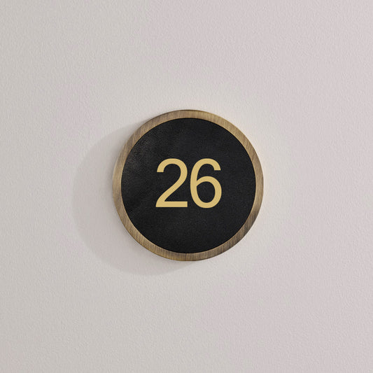 Brass & Leather Number Door Plaque in Antique Gold