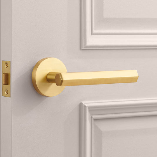 Brass Hexagonal Lever Door Handle in Gold
