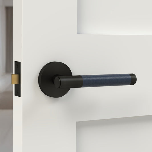 Brass Lever Door Handle in Black & Blue Leather