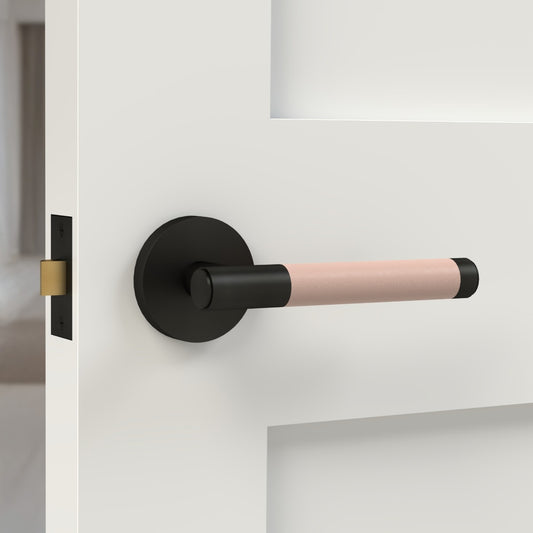Brass Lever Door Handle in Black & Pink Leather