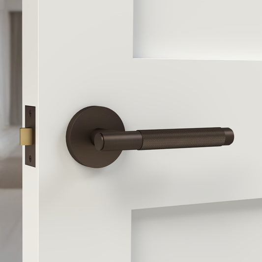 Brass Knurled Lever Door Handle in Bronze