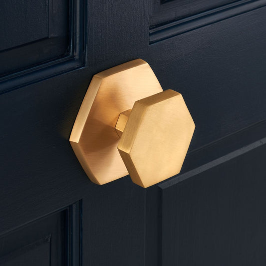 Brass Centre Door Knob - Gold - Hexagon