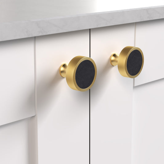 Brass & Black Leather Round Door Knobs in Gold