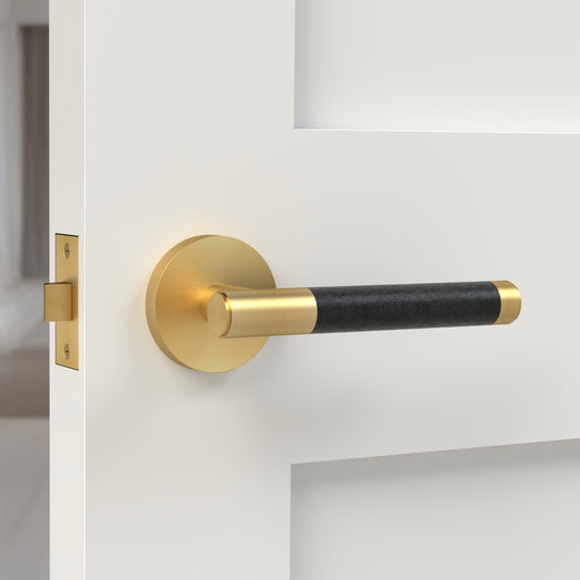 Brass Lever Door Handle in Gold & Black Leather