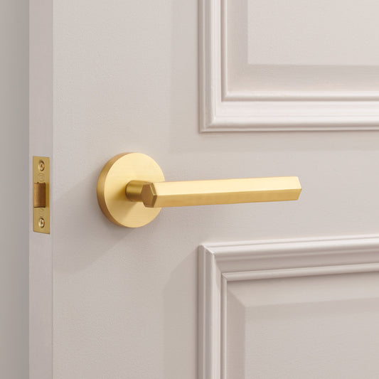 Brass Hexagonal Lever Door Handle in Gold