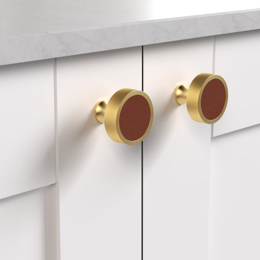 Brass & Brown Leather Round Door Knobs in Gold