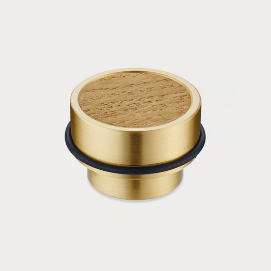 Brass & Oak Wood Floor Mounted Door Stops in Gold