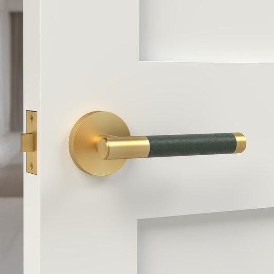 Brass Lever Door Handle in Gold & Green Leather