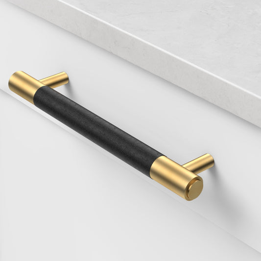 Brass & Black Leather Cabinet Handles in Gold