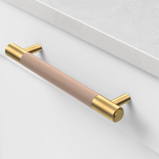 Brass & Pink Leather Cabinet Handles in Gold