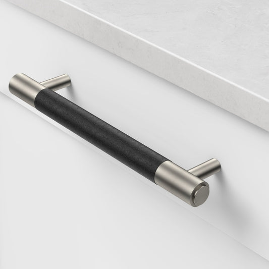 Brass & Black Leather Cabinet Handles in Silver