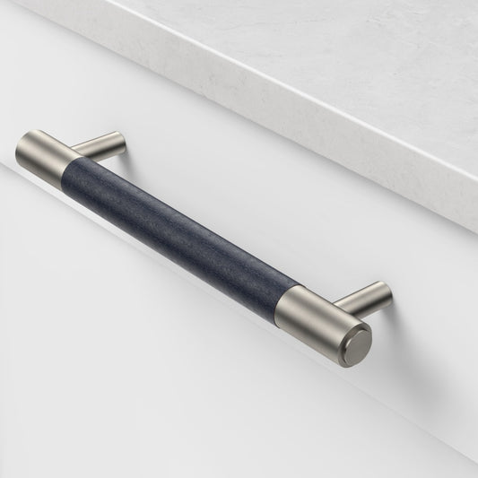 Brass & Blue Leather Cabinet Handles in Silver