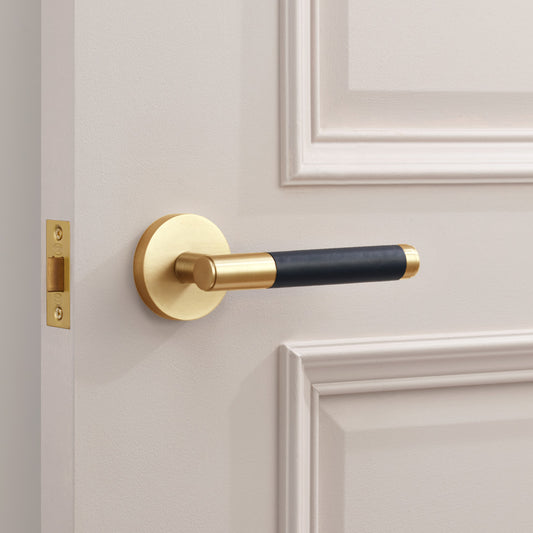Brass Lever Door Handle in Gold & Blue Leather