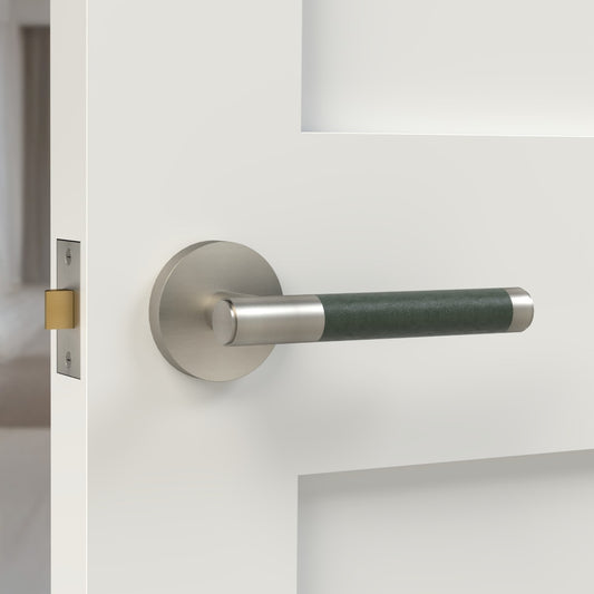 Brass Lever Door Handle in Silver & Green Leather