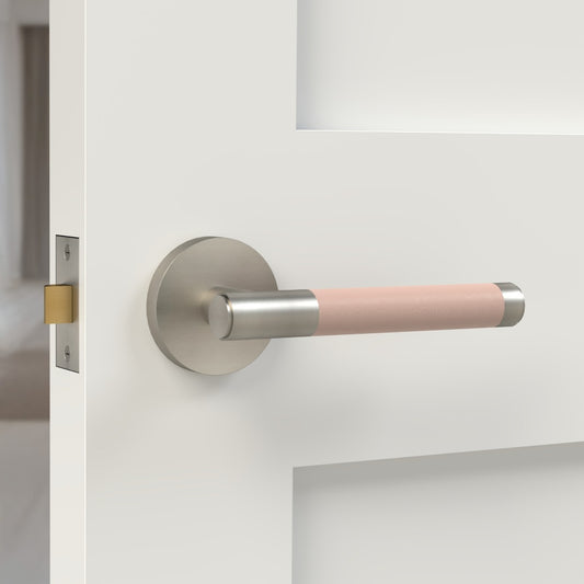 Brass Lever Door Handle in Silver & Pink Leather