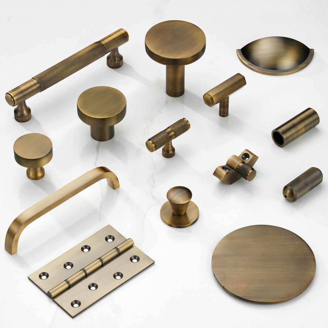 Brass Hexagonal Cabinet Handles with Backplate in Antique