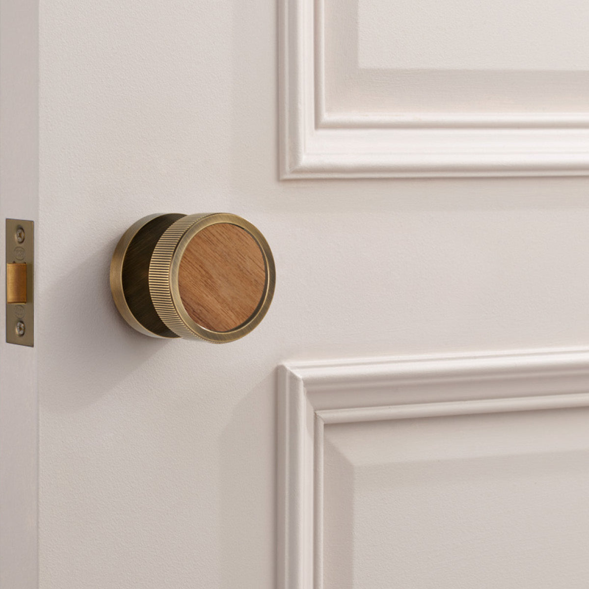 Brass & Wood Mortice Door Knobs in Antique