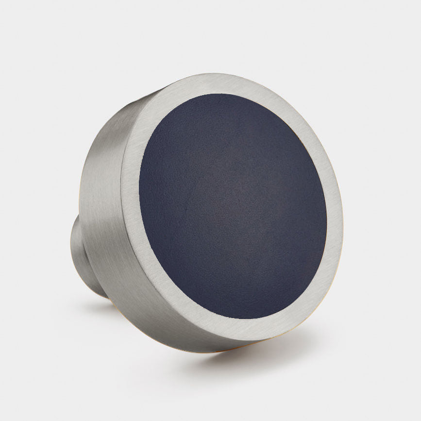 Brass & Blue Leather Round Door Knobs in Silver