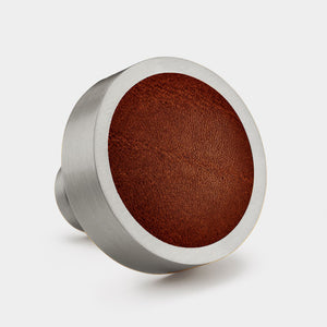 Brass & Brown Leather Round Door Knobs in Silver