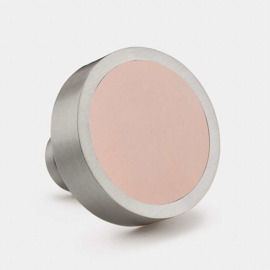 Brass & Pink Leather Round Door Knobs in Silver