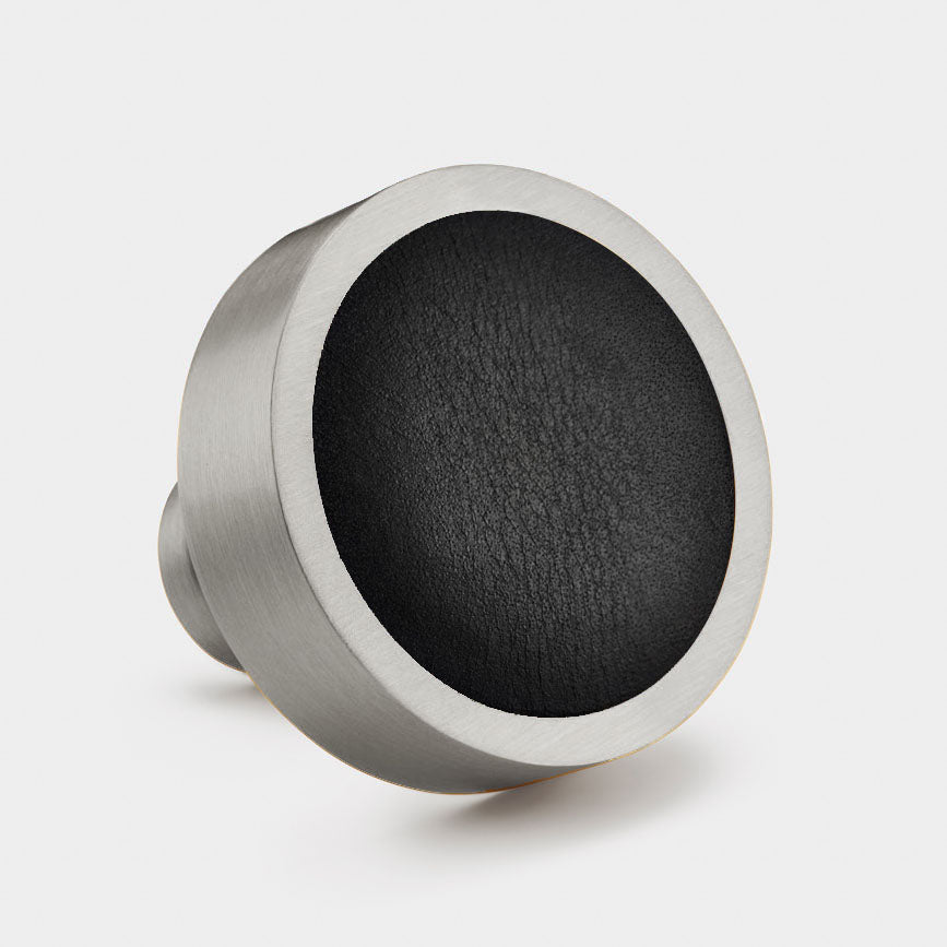 Brass & Black Leather Round Door Knobs in Silver