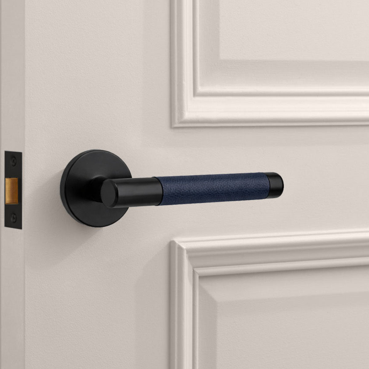 Black Brass Door Lever Handle with Leather in Blue