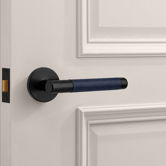 Black Brass Door Lever Handle with Leather in Blue