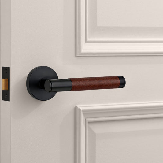 Black Brass Door Lever Handle with Leather in Brown