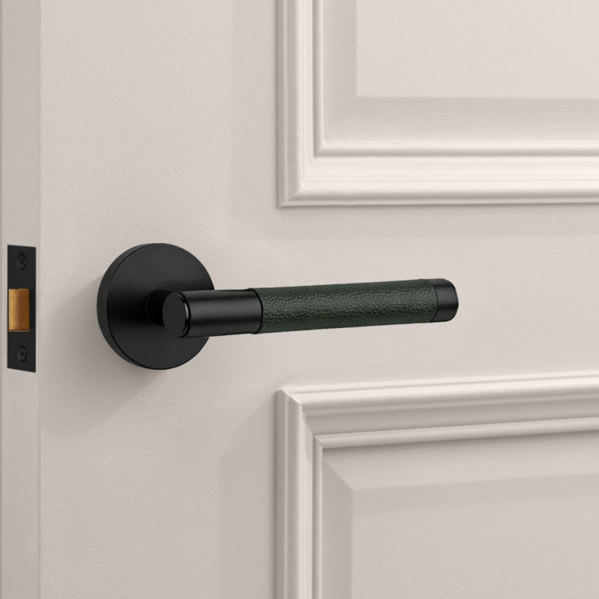 Black Brass Door Lever Handle with Leather in Green