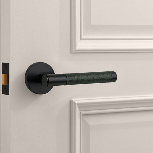 Black Brass Door Lever Handle with Leather in Green