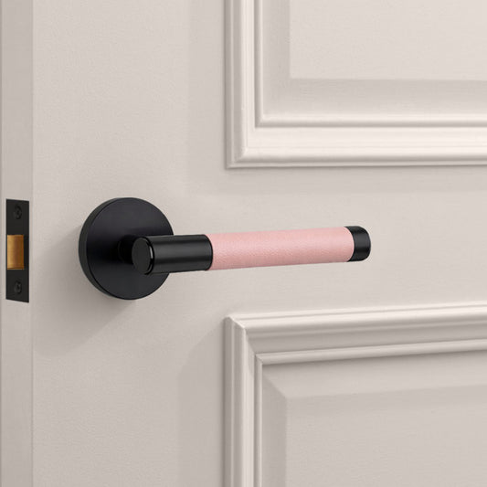 Black Brass Door Lever Handle with Leather in Pink