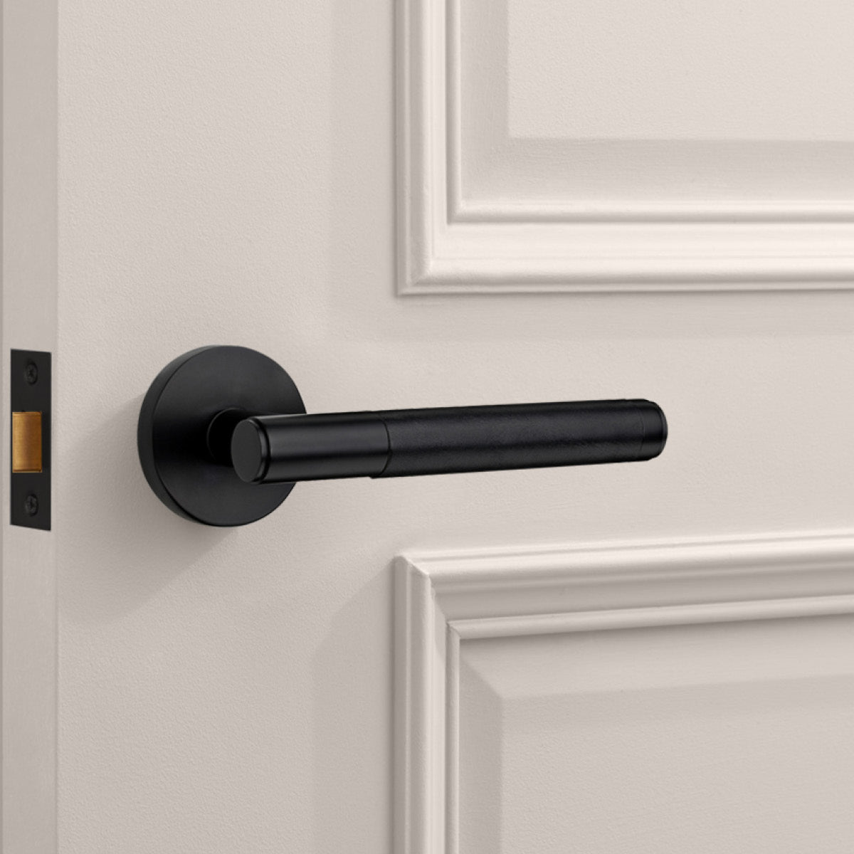 Black Brass Door Lever Handle with Leather in Black
