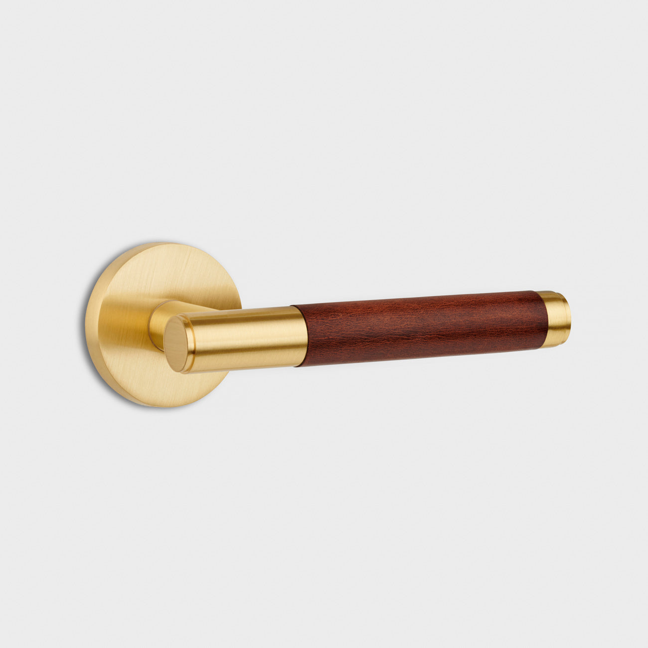 Gold Brass Door Lever Handle with Leather in Brown