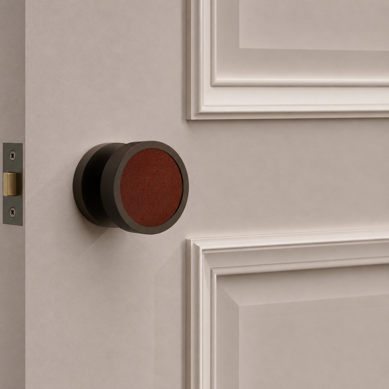 Brass & Leather Mortice Door Knobs in Bronze