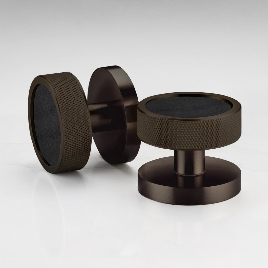 Brass & Leather Mortice Door Knobs in Bronze