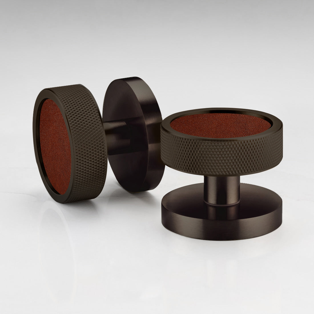Brass & Leather Mortice Door Knobs in Bronze