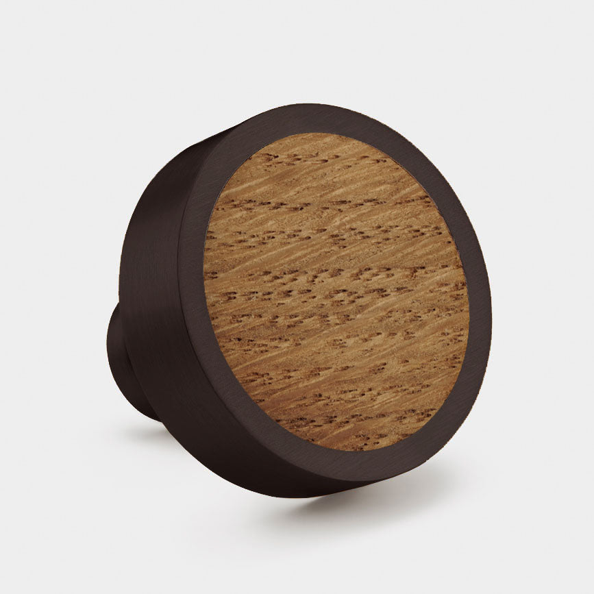 Brass & Oak Wood Round Door Knobs in Bronze
