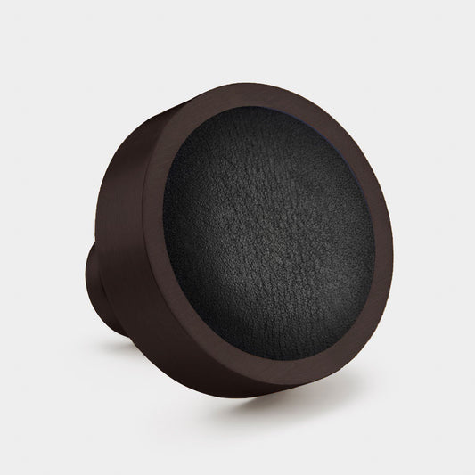 Brass & Black Leather Round Door Knobs in Bronze