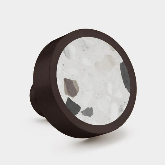 Brass & White Flek Terrazzo Round Door Knobs in Bronze