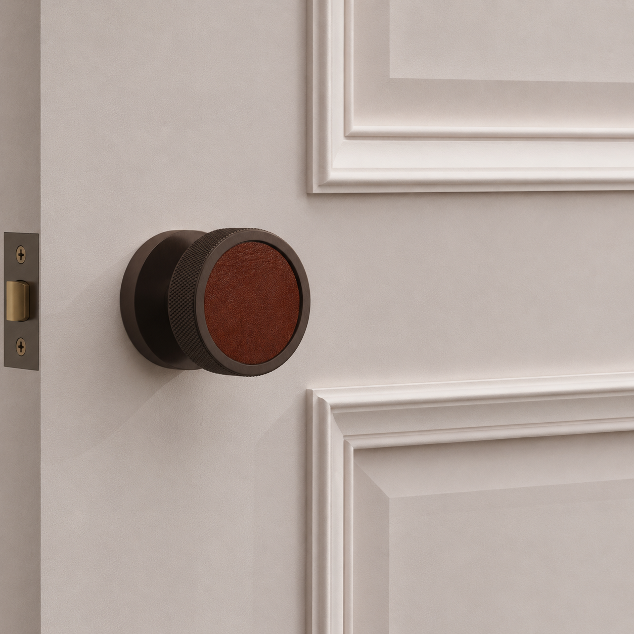 Brass & Leather Mortice Door Knobs in Bronze