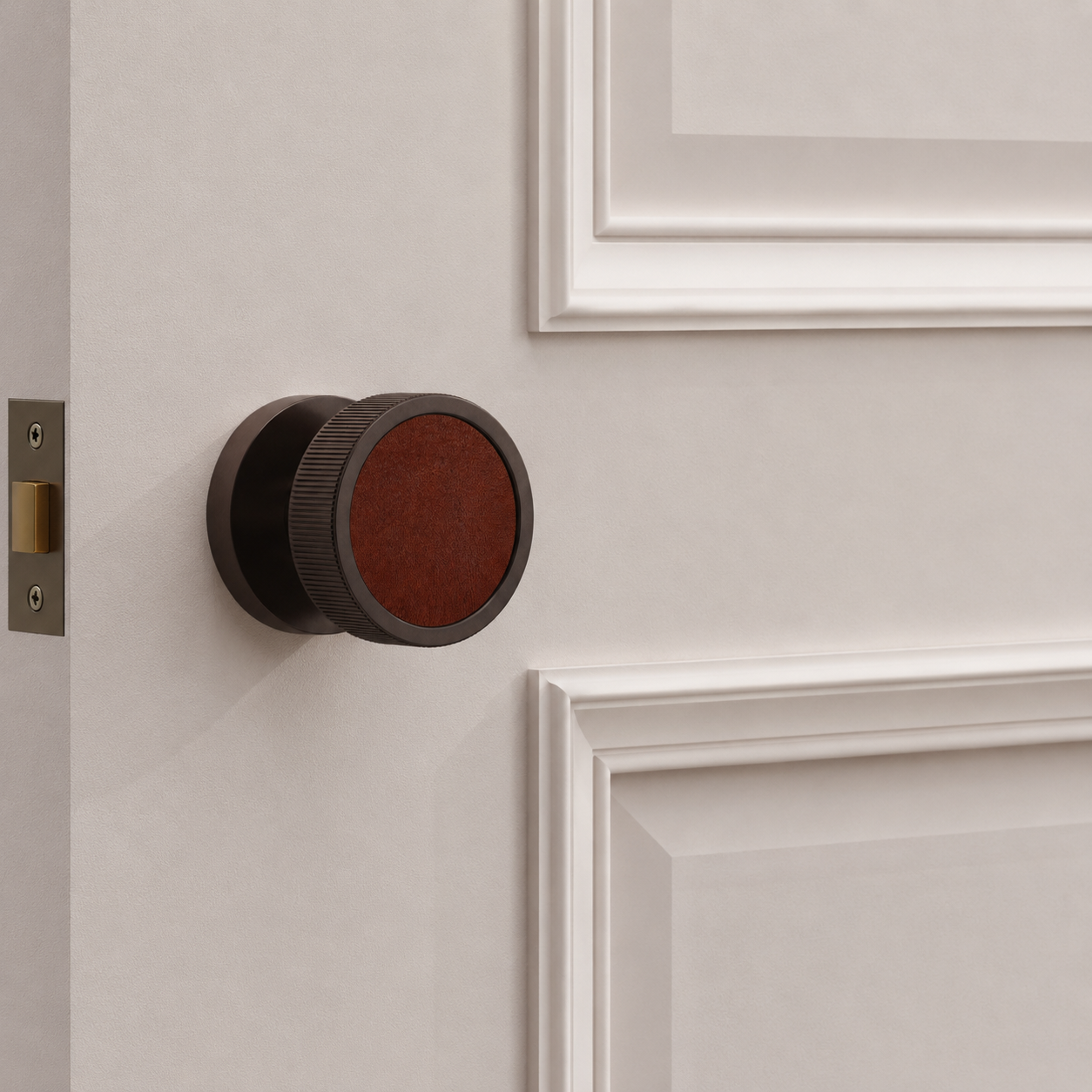 Brass & Leather Mortice Door Knobs in Bronze